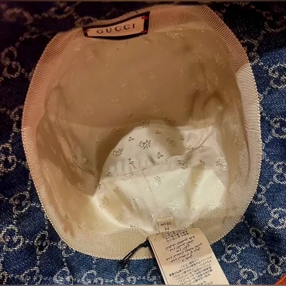 Denim Supreme Monogram Bucket Hat Stiff Navy Blue Canvas Brown Calf Leather Trim - Picture 10 of 13
